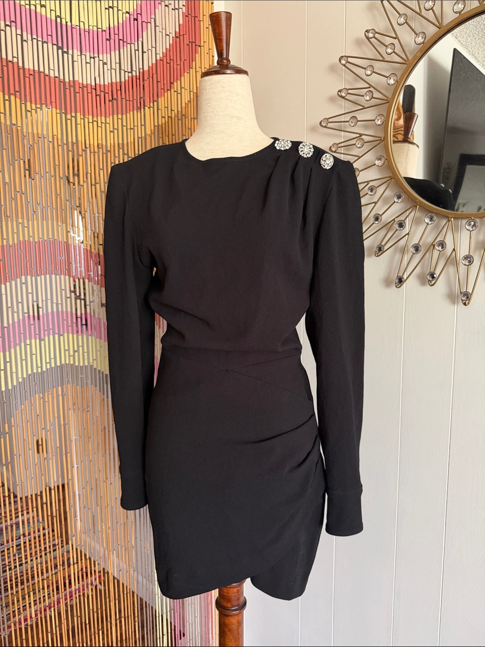 ba&sh Black Long-Sleeve Mini Dress with Decorative Shoulder Buttons